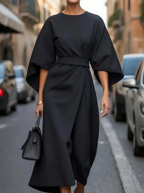 Elegant Ruched Waist-Defining Solid Color Dress