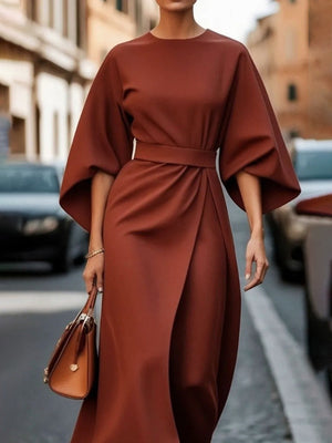 Elegant Ruched Waist-Defining Solid Color Dress