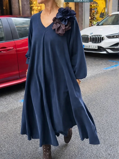 Elegant Solid Color V-Neck Long Sleeve Dress