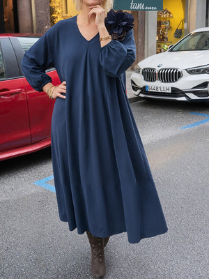 Elegant Solid Color V-Neck Long Sleeve Dress