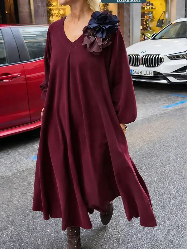 Elegant Solid Color V-Neck Long Sleeve Dress