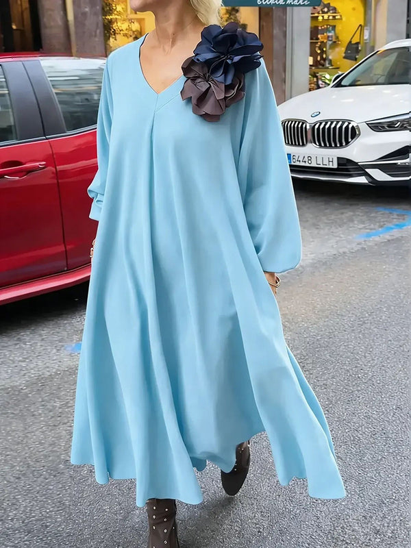 Elegant Solid Color V-Neck Long Sleeve Dress