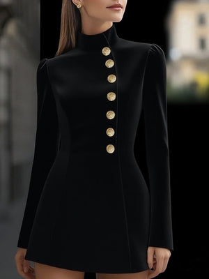 Elegant Stand Collar Single-Breasted Mini Dress