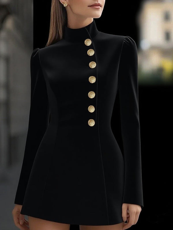 Elegant Stand Collar Single-Breasted Mini Dress