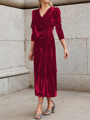Elegant V-Neck Velvet Tie-Waist Dress