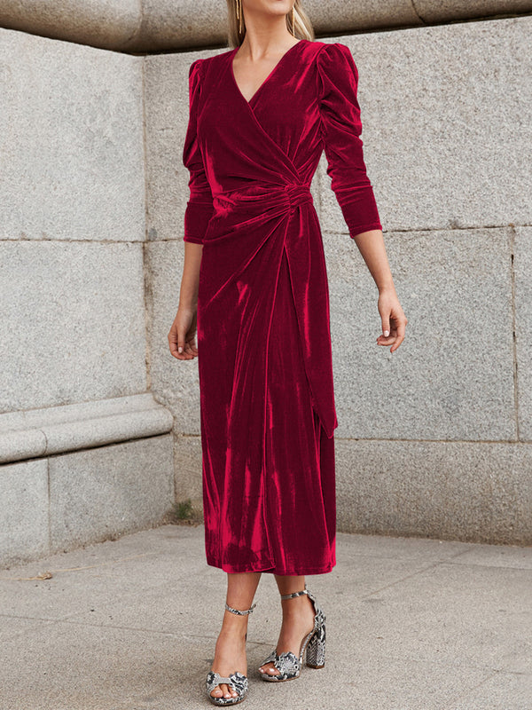 Elegant V-Neck Velvet Tie-Waist Dress