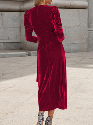 Elegant V-Neck Velvet Tie-Waist Dress