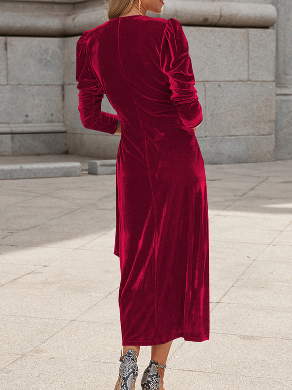 Elegant V-Neck Velvet Tie-Waist Dress