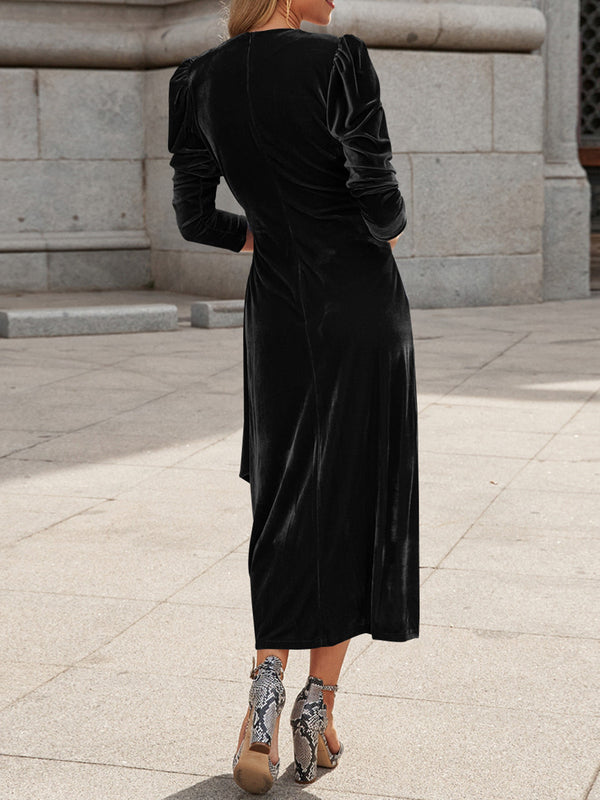 Elegant V-Neck Velvet Tie-Waist Dress