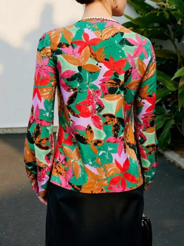 Fashion Print V-Neck Long-Sleeve Top