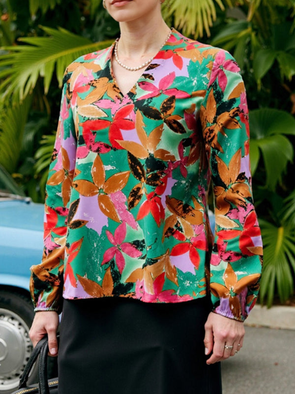 Fashion Print V-Neck Long-Sleeve Top