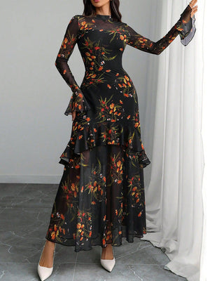 Festive Floral Bell-Sleeve Long Dress