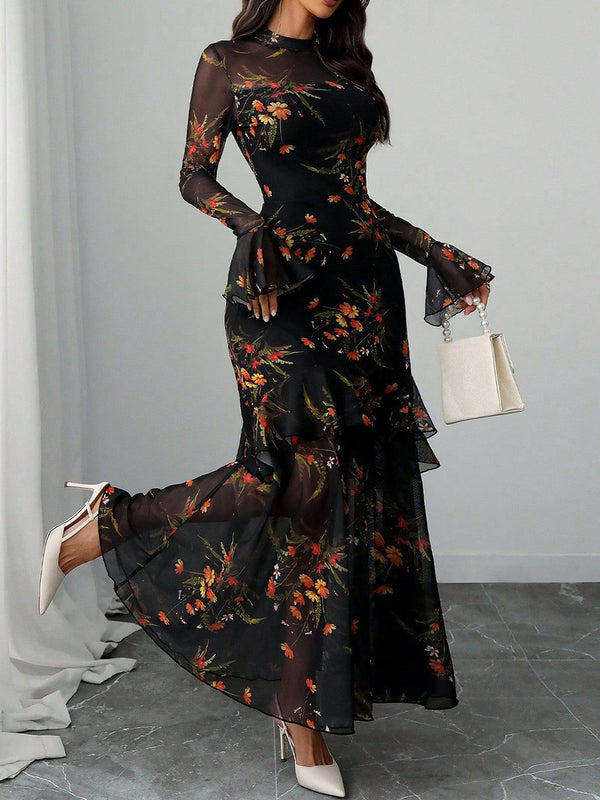 Festive Floral Bell-Sleeve Long Dress