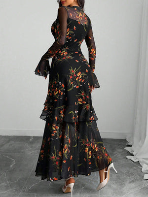 Festive Floral Bell-Sleeve Long Dress