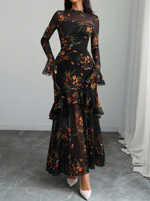 Festive Floral Bell-Sleeve Long Dress