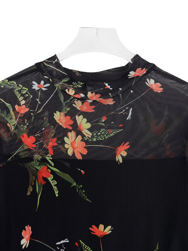 Festive Floral Bell-Sleeve Long Dress