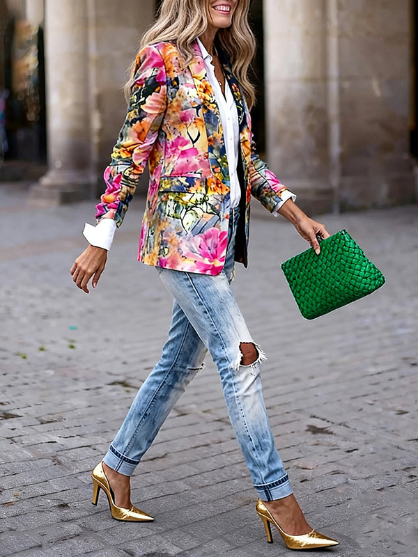 Floral Puff Sleeve Fitted Blazer