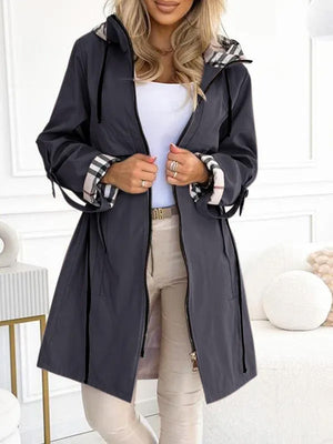 Hooded Plaid Print Long Trench Coat
