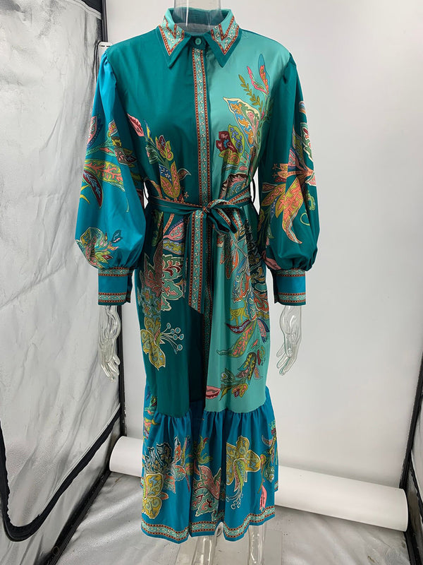 Lantern Sleeve Vintage Print Dress