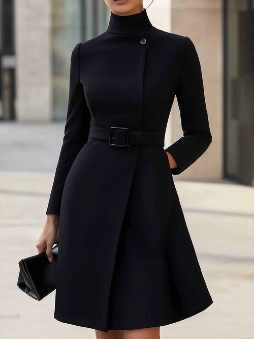 Long-Sleeve Belted Elegant Dress