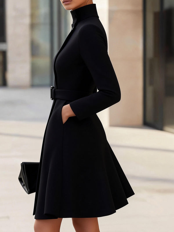 Long-Sleeve Belted Elegant Dress