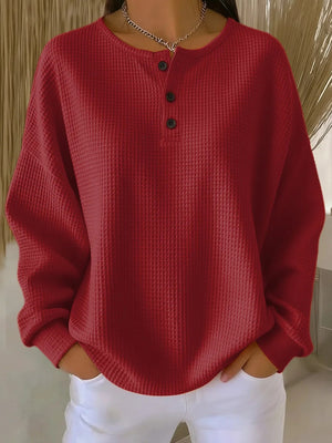 Long-Sleeve Waffle Knit Crew Neck Top