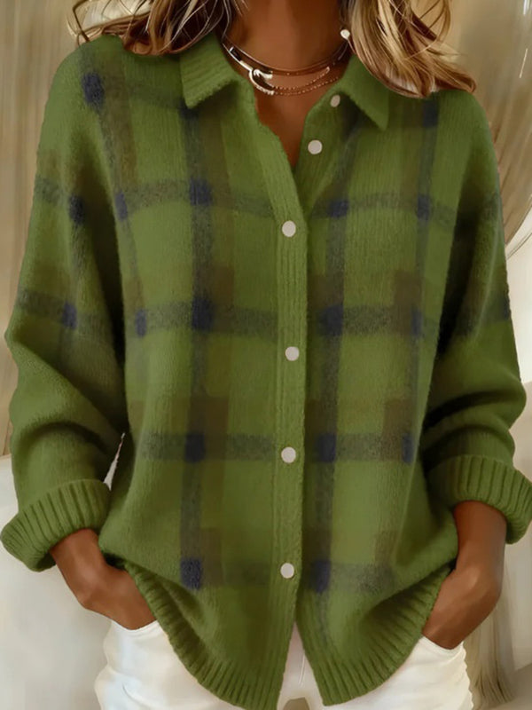 Loose-Fit Plaid Knit Cardigan