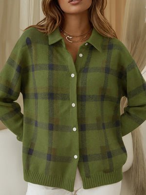 Loose-Fit Plaid Knit Cardigan