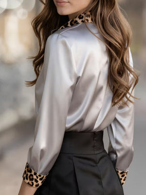 Luxury Leopard Satin Long-Sleeve Blouse