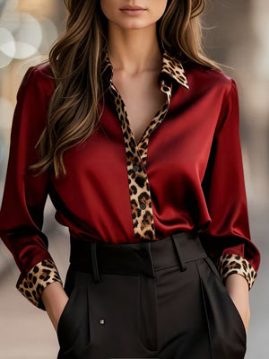 Luxury Leopard Satin Long-Sleeve Blouse