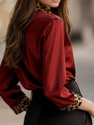 Luxury Leopard Satin Long-Sleeve Blouse