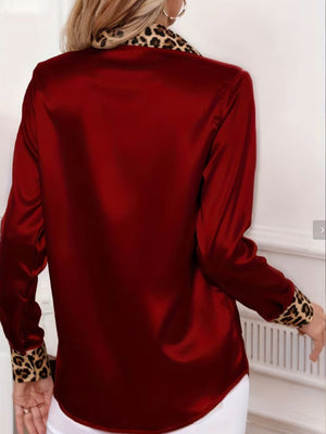 Luxury Leopard Satin Long-Sleeve Blouse