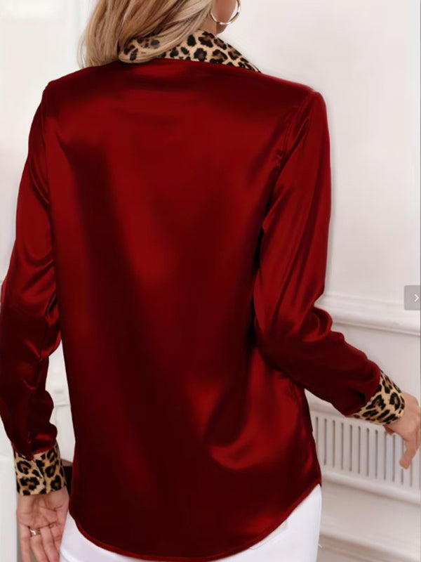 Luxury Leopard Satin Long-Sleeve Blouse