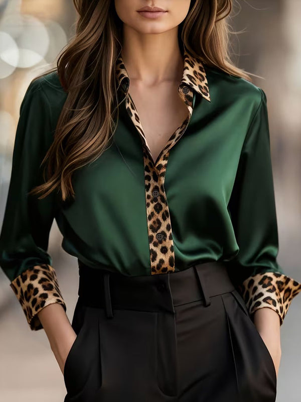 Luxury Leopard Satin Long-Sleeve Blouse