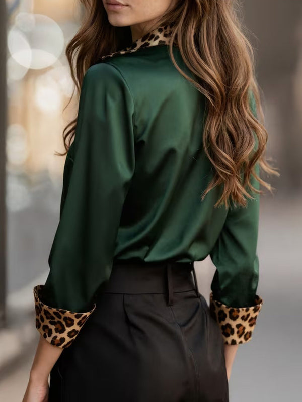 Luxury Leopard Satin Long-Sleeve Blouse