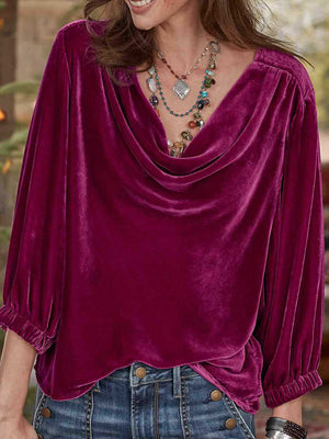 Luxury Solid-Color Velvet Long-Sleeve Top