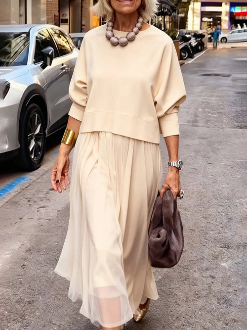 Minimalist Crew Neck Top & Mesh Maxi Dress Set