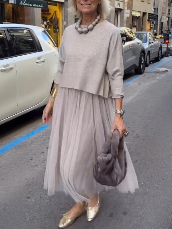 Minimalist Crew Neck Top & Mesh Maxi Dress Set