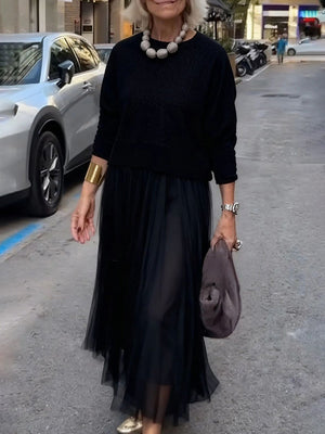 Minimalist Crew Neck Top & Mesh Maxi Dress Set