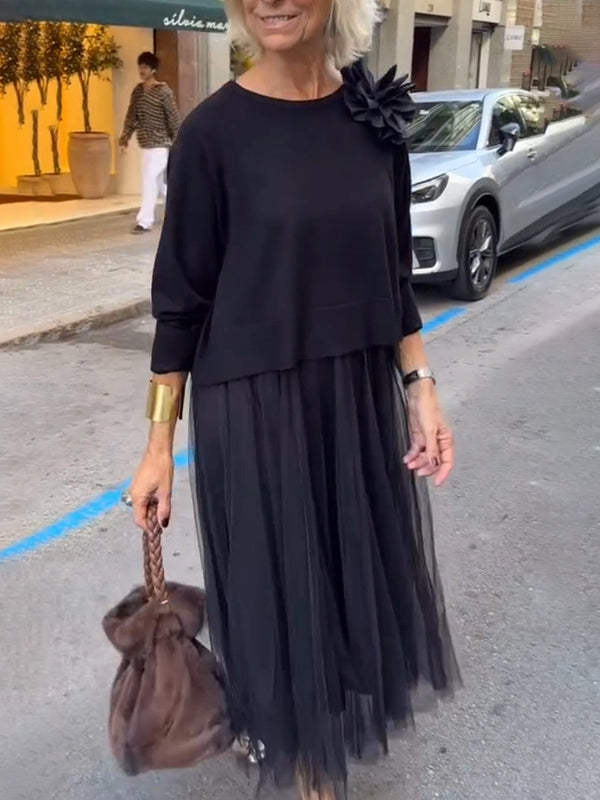 Minimalist Crew Neck Top & Mesh Maxi Dress Set