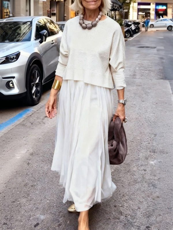 Minimalist Crew Neck Top & Mesh Maxi Dress Set