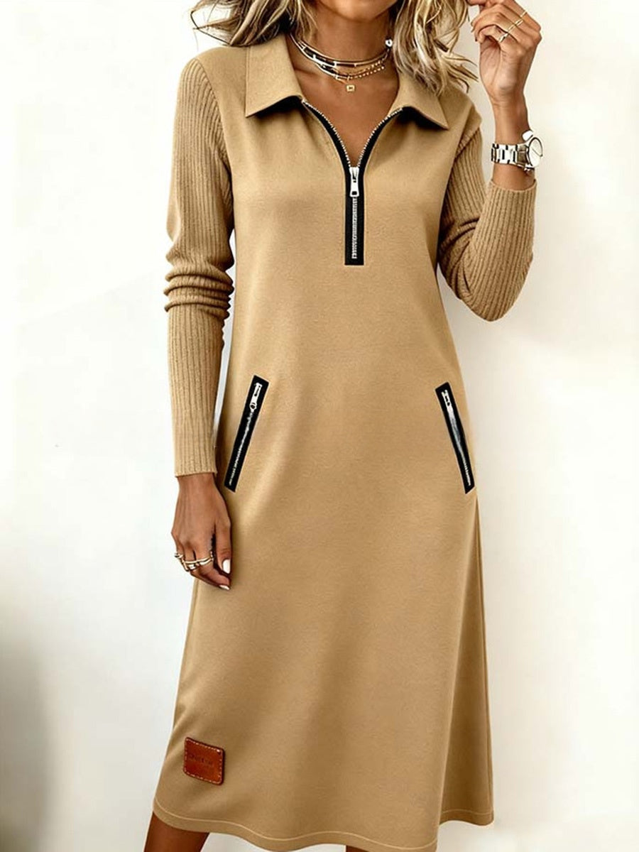 Modern Knit-Sleeve Casual Zipper Dress
