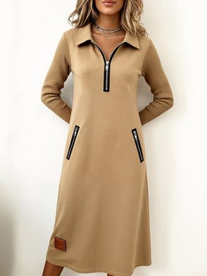 Modern Knit-Sleeve Casual Zipper Dress