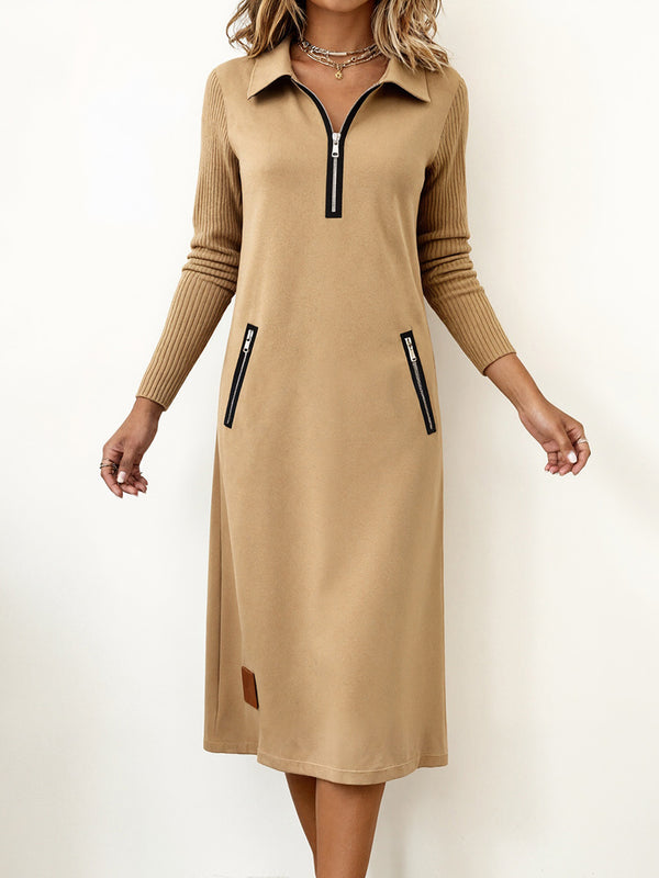 Modern Knit-Sleeve Casual Zipper Dress