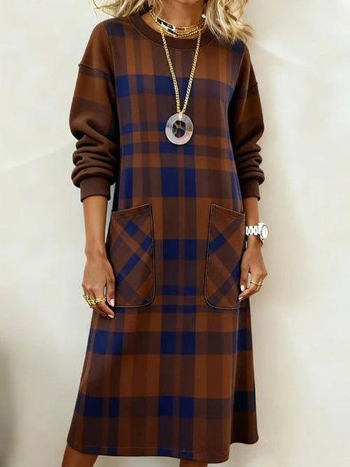 Plaid Long-Sleeve Elegant Midi Dress