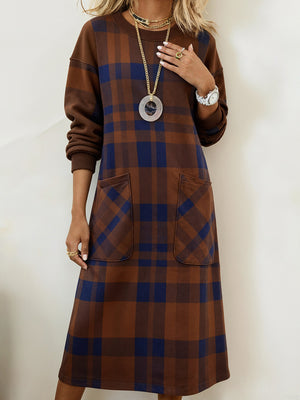 Plaid Long-Sleeve Elegant Midi Dress