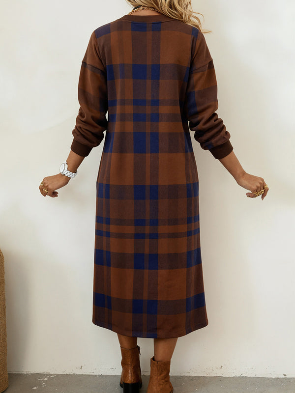 Plaid Long-Sleeve Elegant Midi Dress