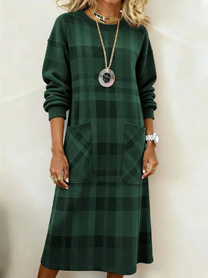 Plaid Long-Sleeve Elegant Midi Dress
