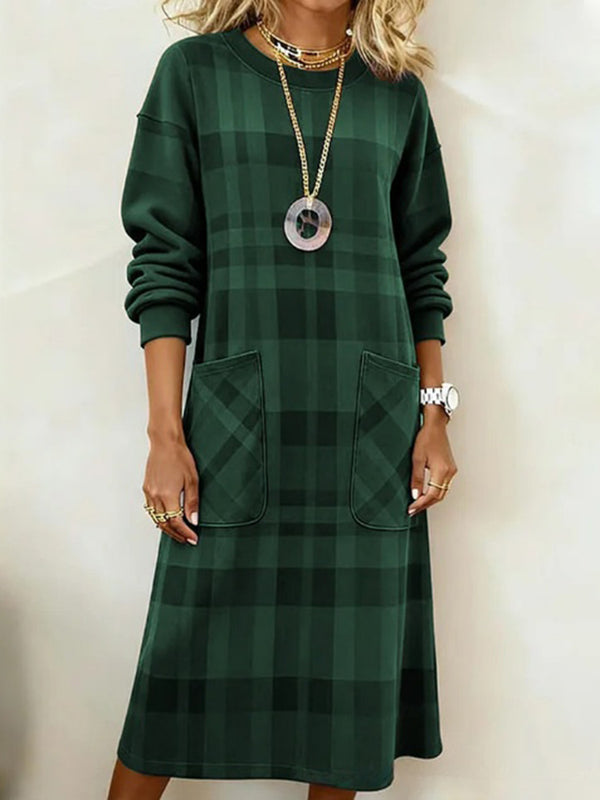 Plaid Long-Sleeve Elegant Midi Dress