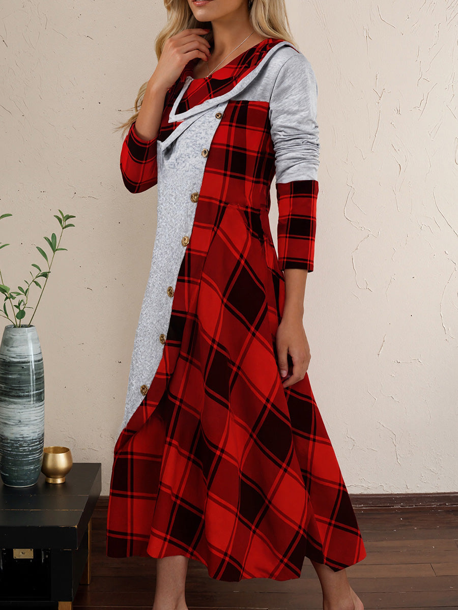 Plaid Patchwork Long-Sleeve Casual Dress